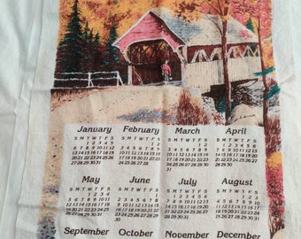 Vintage 1985 Vermont covered bridges linen calendar tea towel, A Jacobson artist