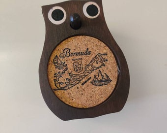 Vintage Wood & Cork Owl Coasters: Bermuda Souvenir Set