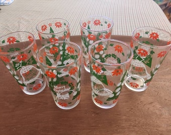 Hazel Atlas Christmas tree glasses set of six 10 ounce capacity holiday glassware 1960s