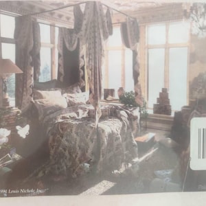 May include: A bedroom scene featuring a four-poster bed with floral patterned bedding and matching curtains. The room has large windows, a lamp, and decorative elements, creating a luxurious and inviting atmosphere.
