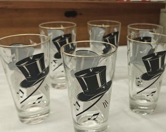 Six Vintage Highball Glasses with Top Hat, Gloves, Cane, & Musical Notes
