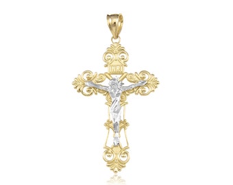 10K Solid Yellow White Gold Filigree Crucifix Cross Pendant - INRI Jesus Polished Necklace Charm