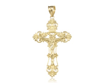 14K Solid Yellow Gold Filigree Crucifix Cross Pendant - INRI Jesus Polished Necklace Charm