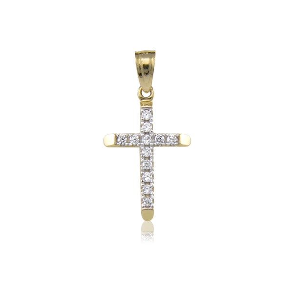 10K Solid Yellow Gold Cubic Zirconia Cross Pendant - Polished Crucifix Necklace Charm