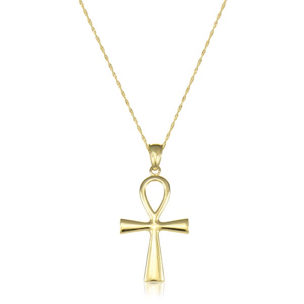 14K Yellow Gold Ankh Cross Pendant Singapore Chain Necklace Set - Polished Egyptian Charm