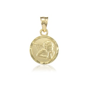 14K Solid Yellow Gold Baby Angel Medal Pendant - Guardian Round Necklace Charm
