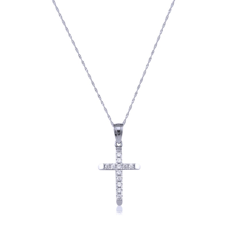 14K Solid White Gold Cubic Zirconia Cross Pendant Singapore Chain Necklace Set Charm