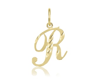 14K Solid Yellow Gold Cursive Initial Letter Pendant - A-Z Any Alphabet Necklace Charm