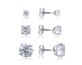 14K Solid White Gold Cubic Zirconia Round Solitaire Stud Earrings 2-7mm