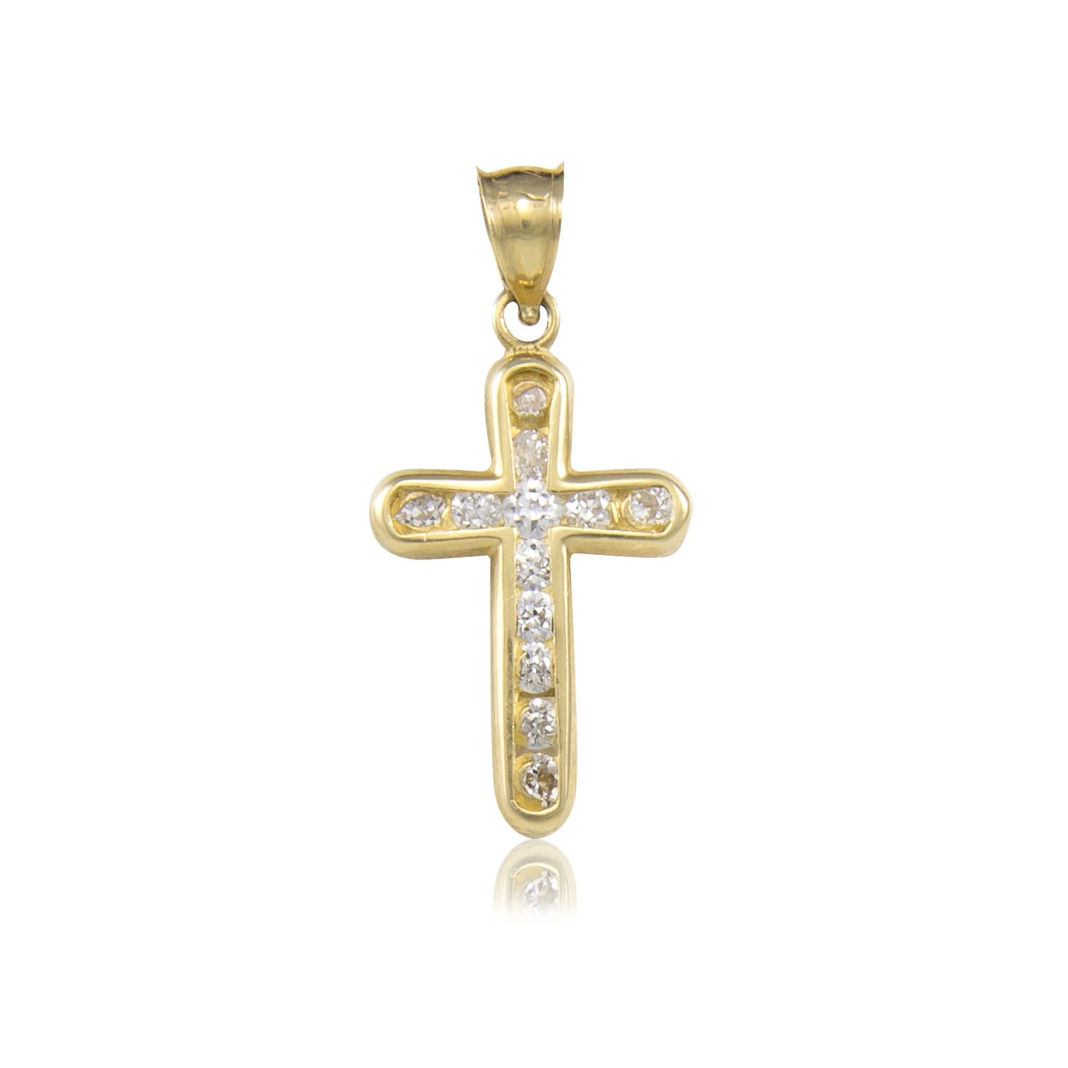 14K Solid Yellow Gold Cubic Zirconia Cross Pendant Polished Crucifix