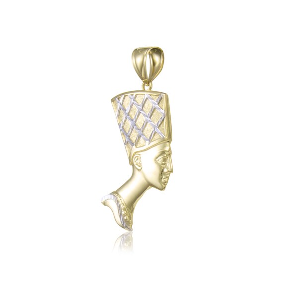 10K Solid Yellow White Gold Nefertiti Head Pendant - Egyptian Queen Necklace Charm