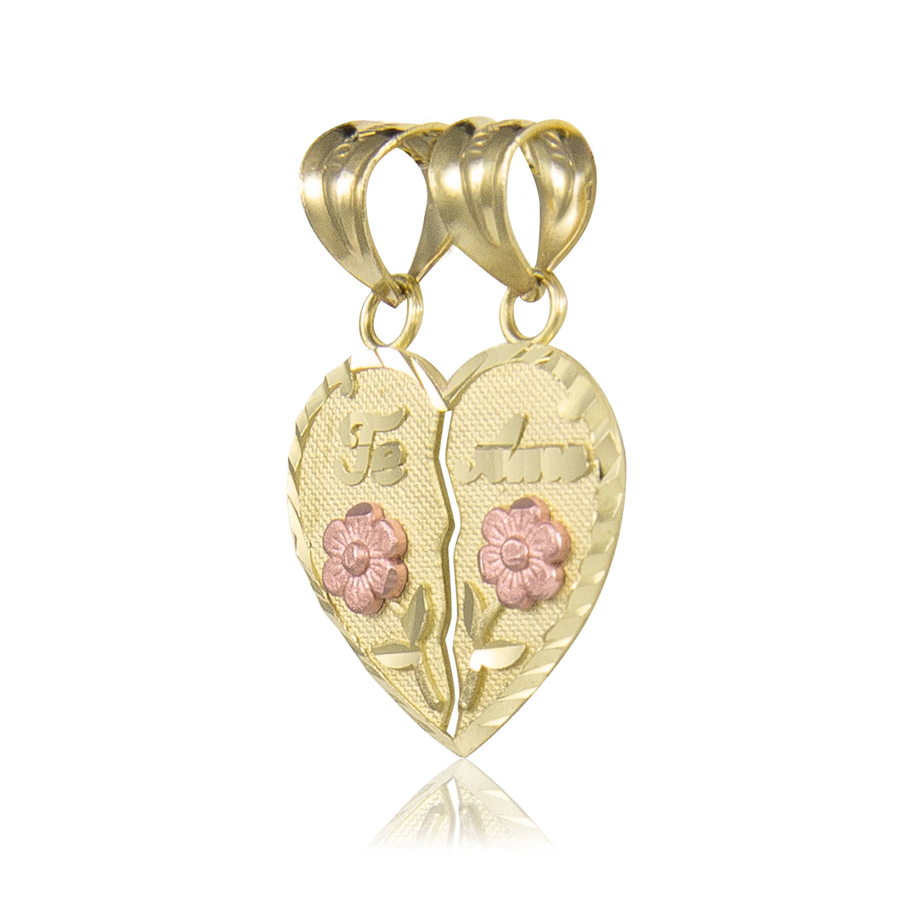 Details about / 14K Yellow Gold Te Amo with Rose Gold Flower Half Heart Pendant