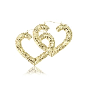 10K Yellow Gold Heart Bamboo Hoop Earrings - Door Knocker