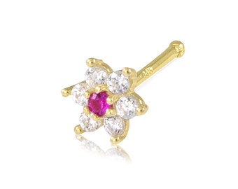 14K Solid Yellow Gold Cubic Zirconia Red Flower Nose Stud Ring 20g - Body Piercing Jewelry
