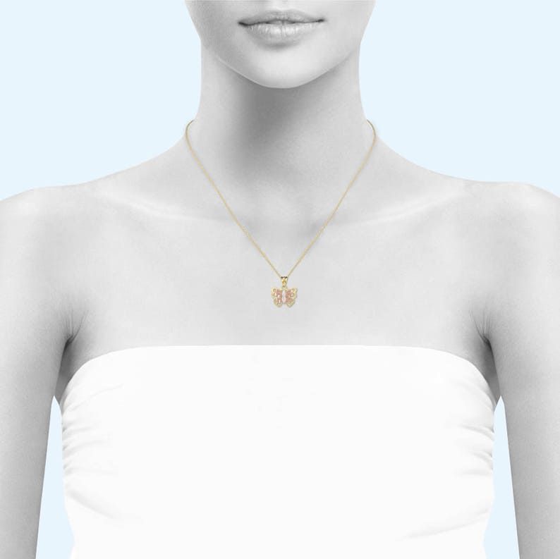 Multi Tone Necklace Charm 14K Solid Yellow White Rose Gold Butterfly Pendant