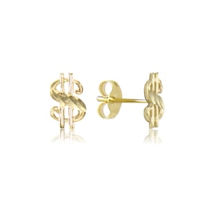 14K Solid Yellow Gold Dollar Sign Stud Earrings - Money Diamond Cut