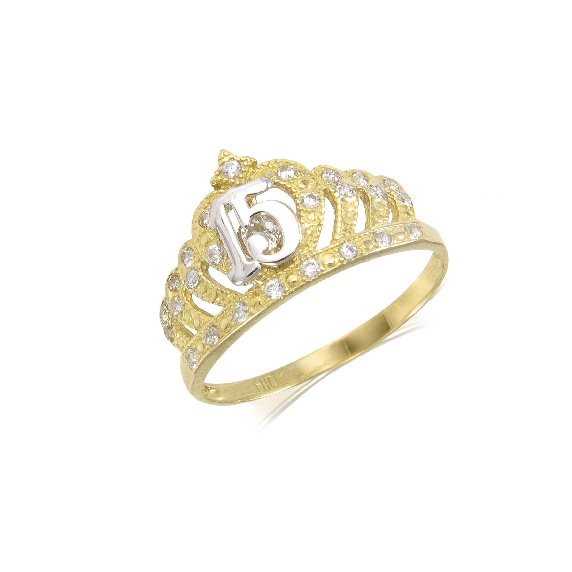 10K Solid Yellow White Gold Cubic Zirconia Crown Sweet 15 Ring