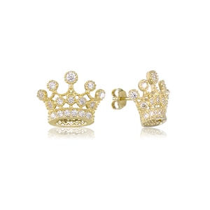 10K Solid Yellow Gold Cubic Zirconia Crown Stud Earrings - Royal