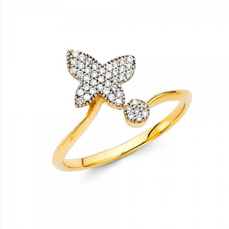 Polished Finger Band 14K Solid Yellow Gold Cubic Zirconia Butterfly Ring