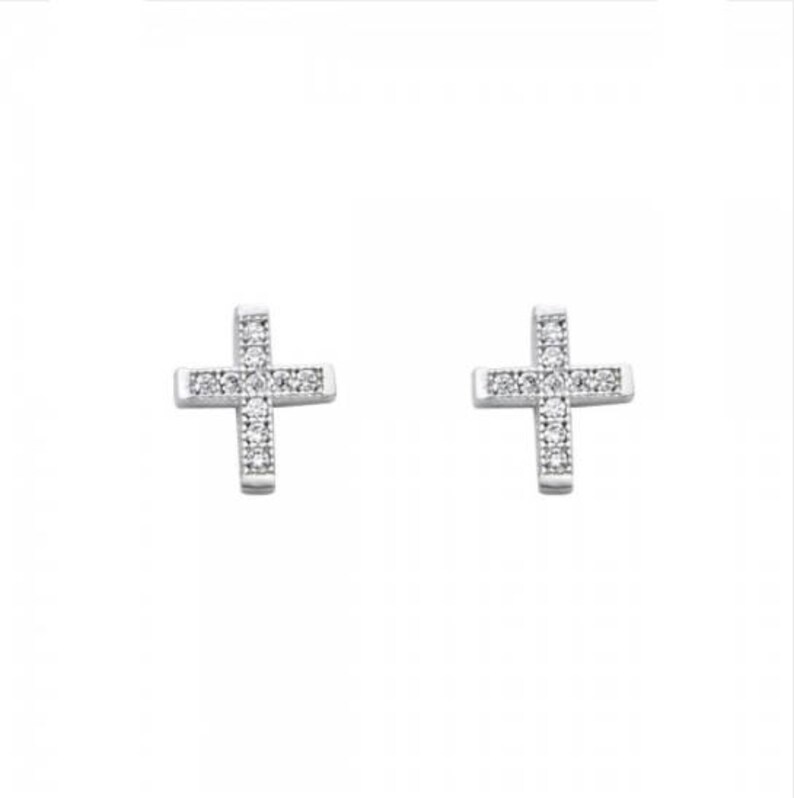 14K Solid White Gold Cubic Zirconia Cross Stud Earrings Crucifix Religious