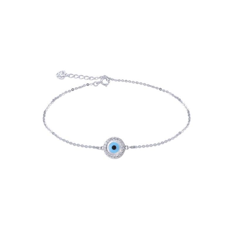 14K Solid White Gold Cubic Zirconia Evil Eye Bracelet Blue Good Luck Charm Rolo Chain Link