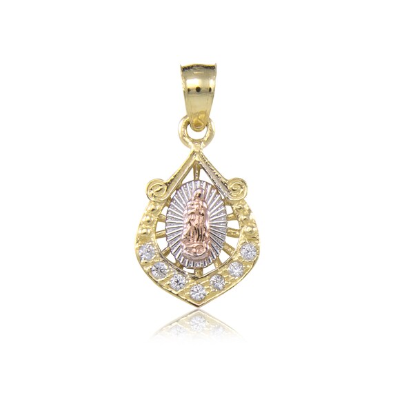 14K Solid Yellow White Rose Gold CZ Virgin Mary Pendant Guadalupe Necklace Charm 