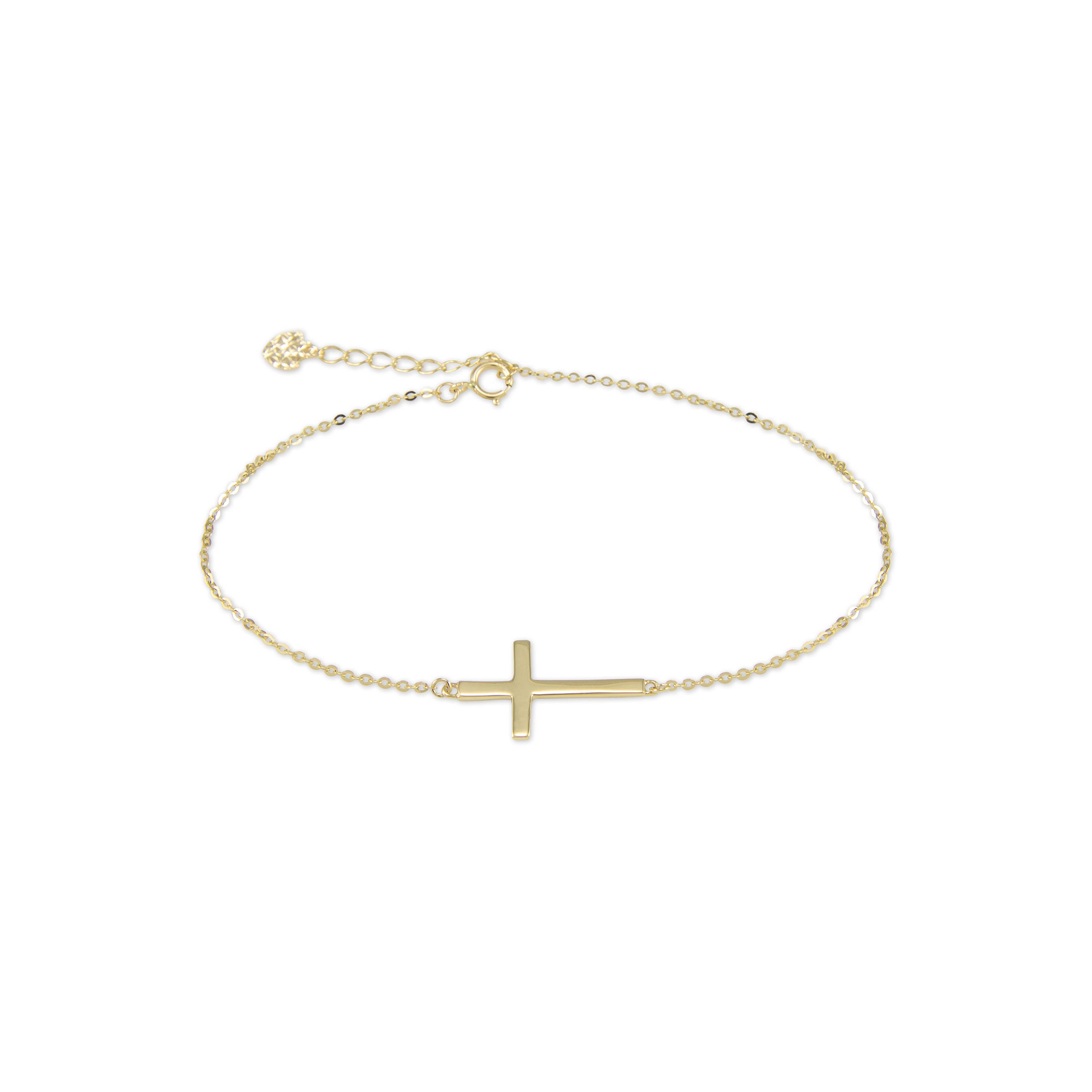 14K Solid Yellow Gold Sideways Cross Bracelet Latin Charm Rolo