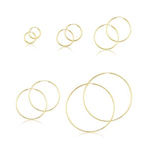 14K Yellow Gold Endless Round Hoop Earrings 1.5mm 15-60mm - Classic Polished Plain Tube