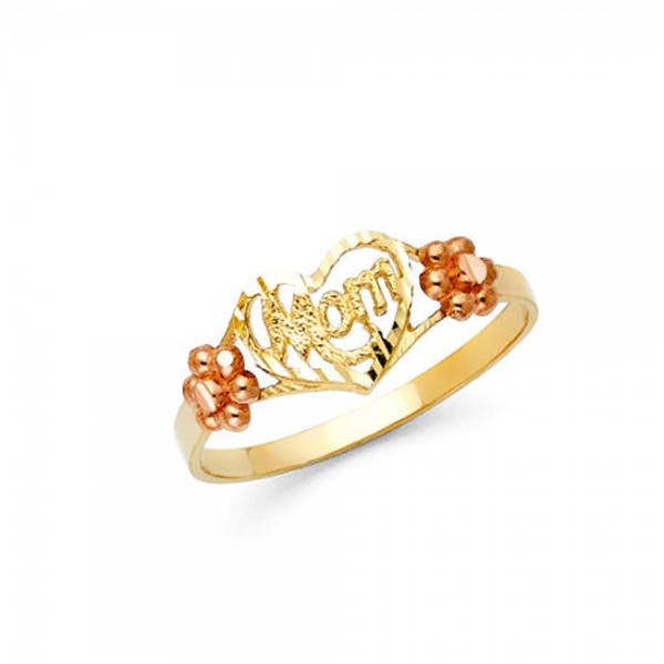 14K Solid Yellow Rose Gold Heart Mom Ring - Bloem Nummer Een Moeder Band