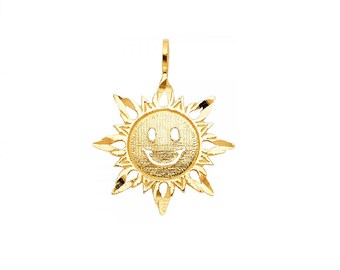 14K Solid Yellow Gold Sun Pendant - Star Solar Celestial Necklace Charm