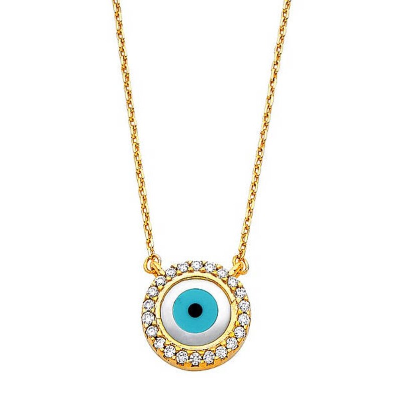 14K Solid Yellow Gold Cubic Zirconia Evil Eye Pendant Rolo Chain Necklace Set Blue Good Luck Charm
