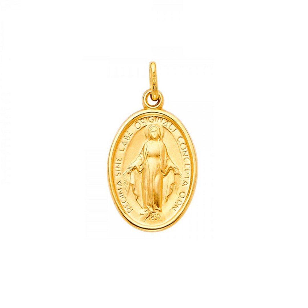 14K Solid Yellow Gold Virgin Mary Oval Medal Pendant Lady of Guadalupe ...