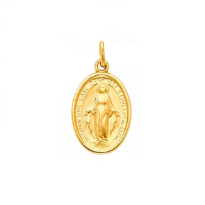 14K Solid Yellow Gold Virgin Mary Oval Medal Pendant - Lady of Guadalupe Necklace Charm