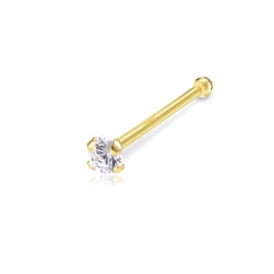 14K Solid Yellow Gold Cubic Zirconia Round Cut Nose Stud Ring Bone 20g 1.0-3.0mm - Body Piercing Jewelry