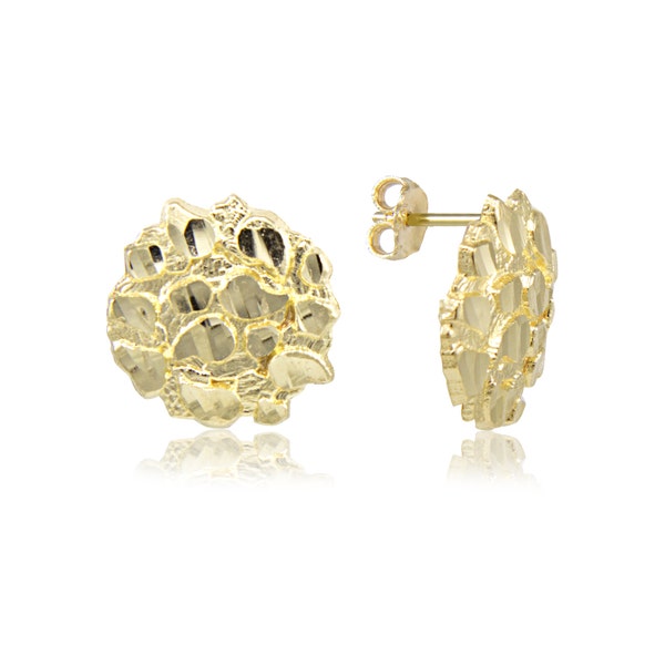 10K Solid Yellow Gold Round Nugget Stud Earrings - Diamond Cut