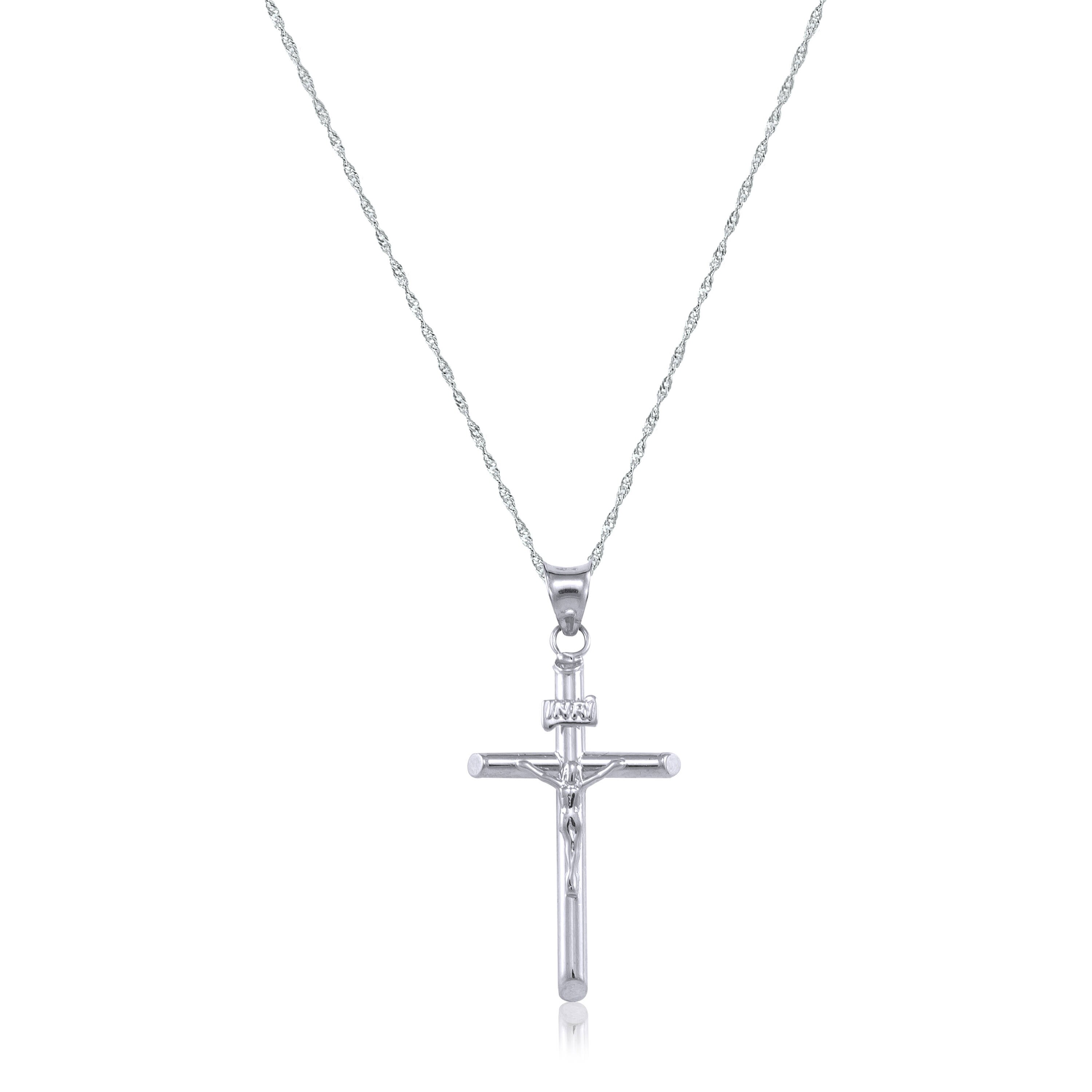 14k Solid White Gold Crucifix Cross Pendant Singapore Chain 50