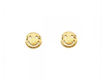 14K Solid Yellow Gold Smiley Face Stud Earrings - Smiling Smile Happy