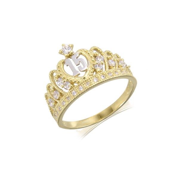 14K Solid Yellow White Gold Cubic Zirconia Crown Sweet 15 Ring - Quinceanera Anos Birthday Band