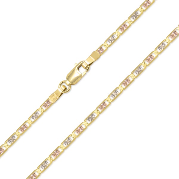 10K Solid Yellow White Rose Gold Valentino Necklace Chain 2.6mm 16-24" - Tri Color Link