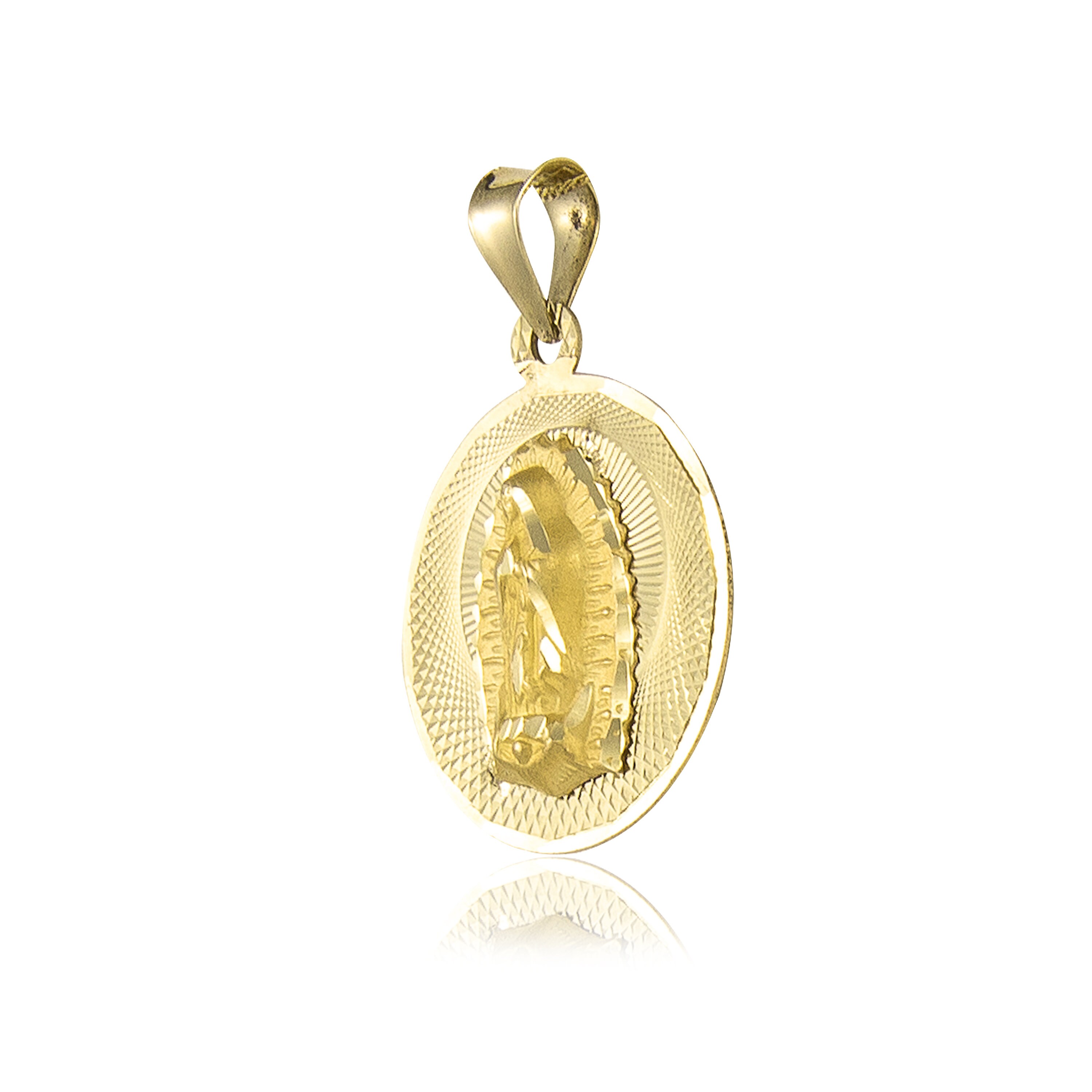 14k Yellow Solid Gold Virgin Mary Guadalupe Medallion Pendant Charm Free Chain