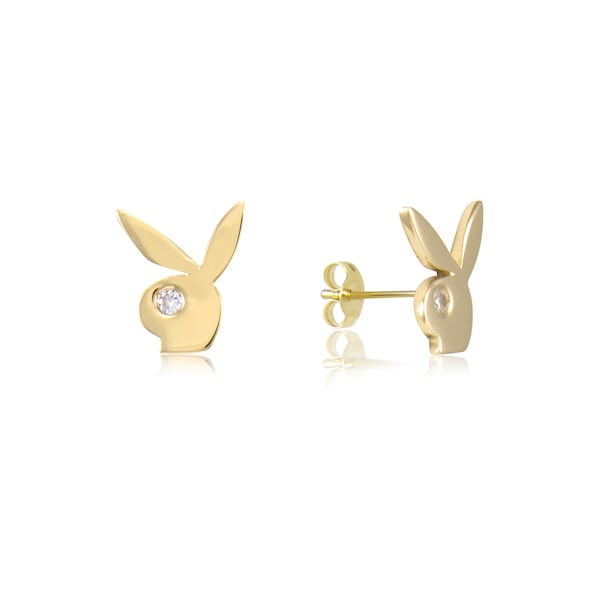 14K Solid Yellow Gold Cubic Zirconia Bunny Stud Earrings - Rabbit