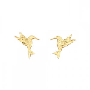 14K Solid Yellow Gold Hummingbird Stud Earrings - Bird Diamond Cut