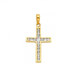 14K Solid Yellow Gold Cubic Zirconia Cross Pendant - Polished Crucifix Necklace Charm