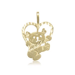 14K Solid Yellow Gold Heart Teddy Bear Pendant - Diamond Cut Necklace Charm