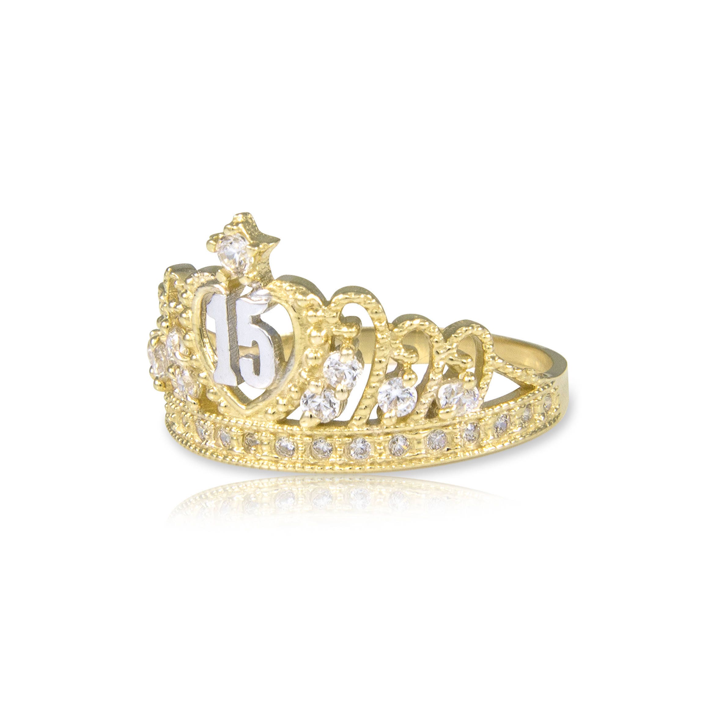 14K Solid White Gold CZ Crown Sweet 15 Ring Quinceanera Anos Birthday