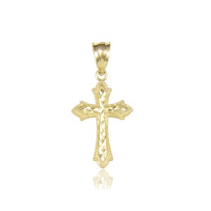 14K Solid Yellow Gold Diamond Cut Fleur-De-Lis Cross Pendant - Necklace Charm