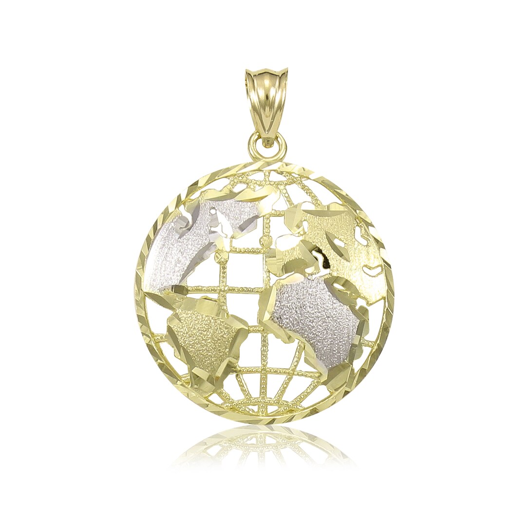 10K Solid Yellow White Gold Globe Pendant World Map Earth