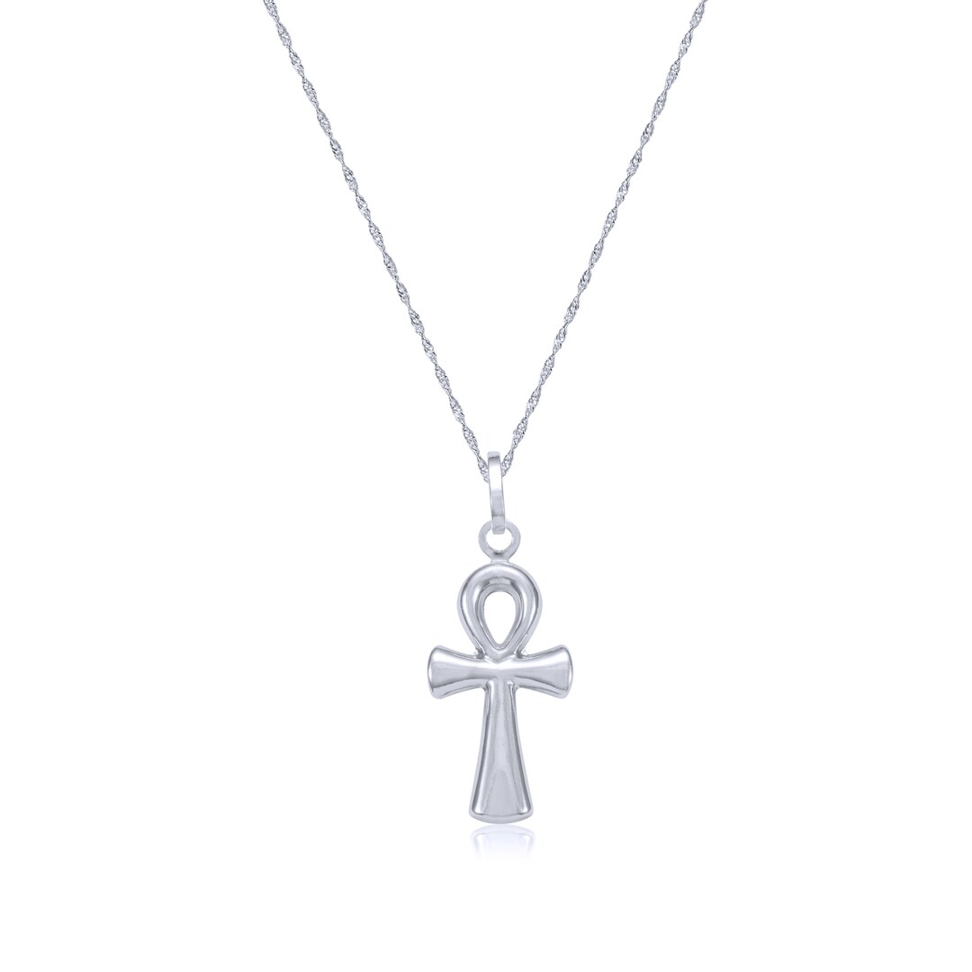 14K Solid White Gold Ankh Cross Pendant Singapore Chain Necklace Set ...