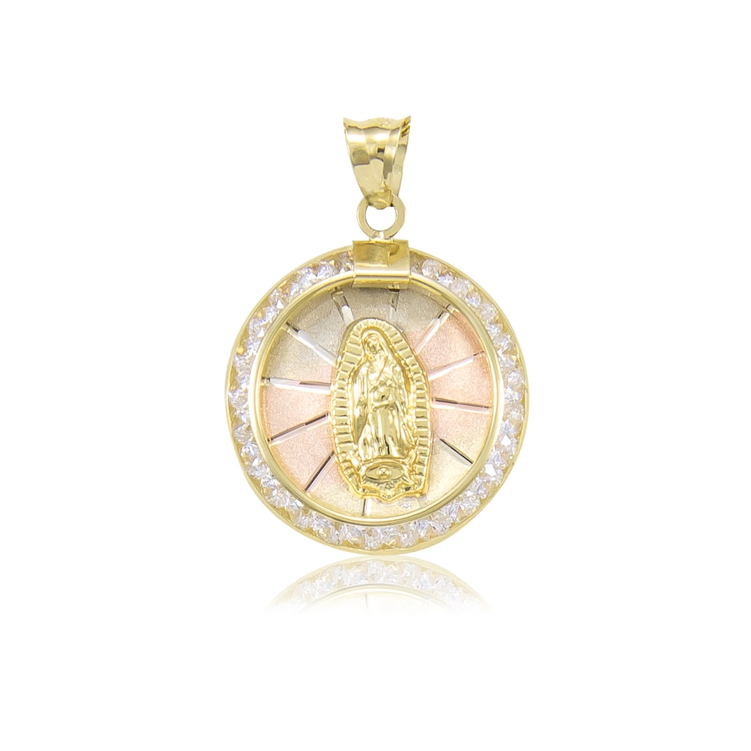 14K Solid Yellow White Rose Gold Cubic Zirconia Virgin Mary Round Medal ...