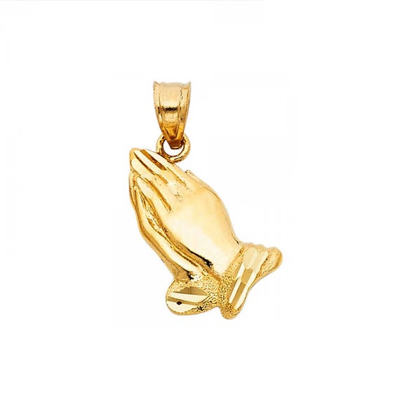 14K Solid Yellow Gold Praying Hands Pendant - Religious Polished Necklace  Charm